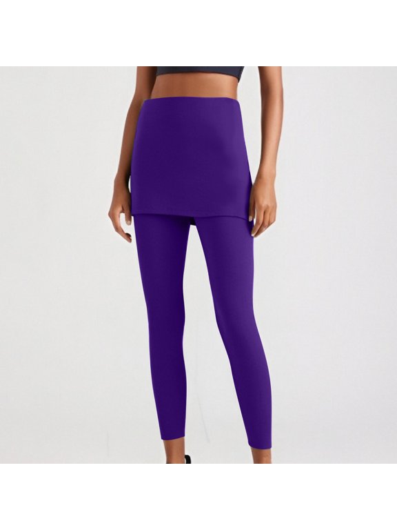 Skirted Leggings for Women, Fake-Two-Pieces High Waisted Tummy Slim Fitting Athletic Yoga Pants Purple XL