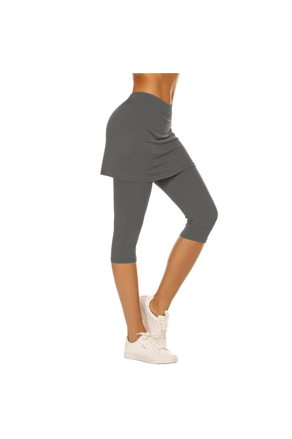 Skirted Leggings for Women, Tennis Golf Skorts Capris Gym Yoga Legging with Skirts, Sports Pants Gray L
