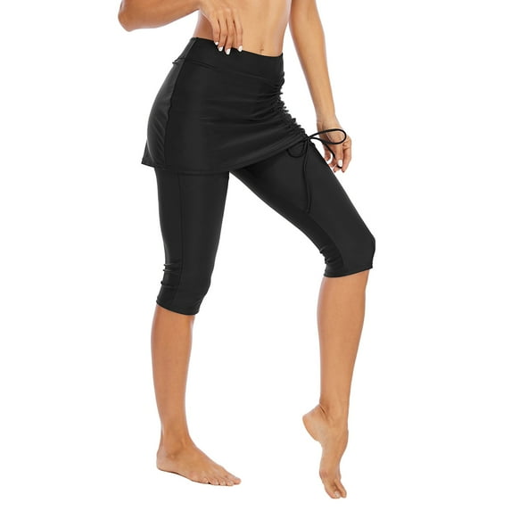 Skirted Swim Capris Women Swimming Skirt with Leggings Pants, Black, L