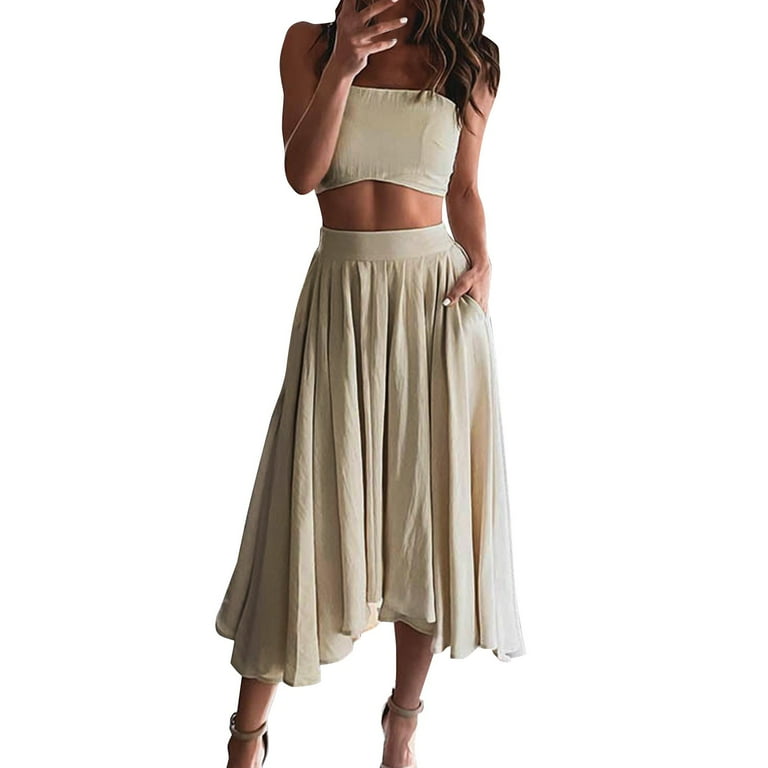 Skirts For Women 2 Piece Outfits For 2023 Summer Short Sleeve Wrap V Neck Crop Tops Wide Skirt Set