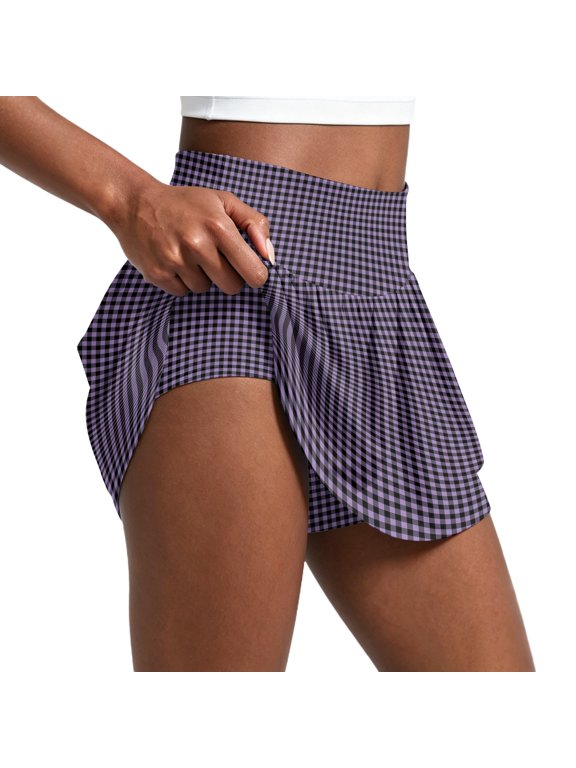 Skirts For Women High Waist Gingham Print Skirt With Shorts Pull On Athletic Skort For Workout Daily Wear