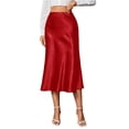 thumbnail image 1 of Skirts For Women Midi Length Elegant Satin Skirt High Waist Silky Fishtail Skirt Glossy Fake Silk Mid-Calf Skirt For Commute Party Outings Red S, 1 of 6