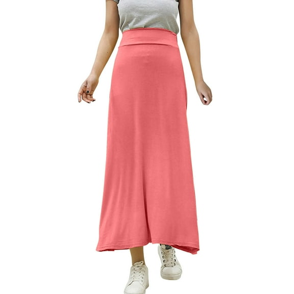 Skirts For Women Summer Solid Color Elastic Waist Loose Maxi Skirt Beachwear,Red,XL