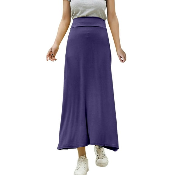 Skirts For Women Summer Solid Color Elastic Waist Loose Maxi Skirt Outwear,Blue,L