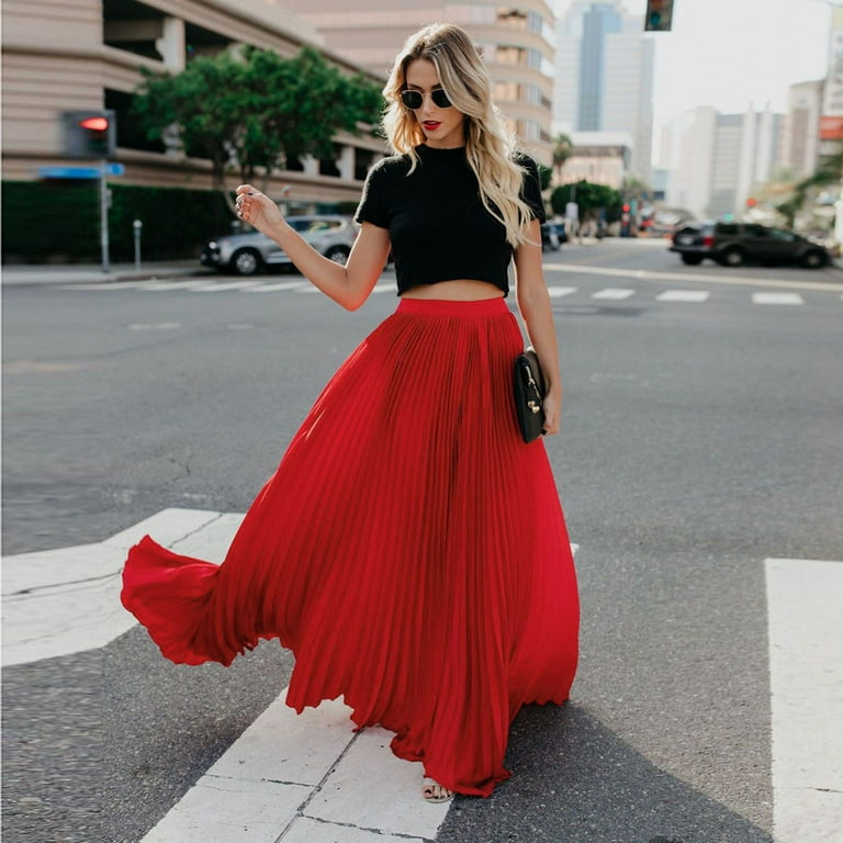 Skirts For Womens Fashion High Waist Fold Soild Vintage Loose Beach Wrap  Maxi Long Skirt Red