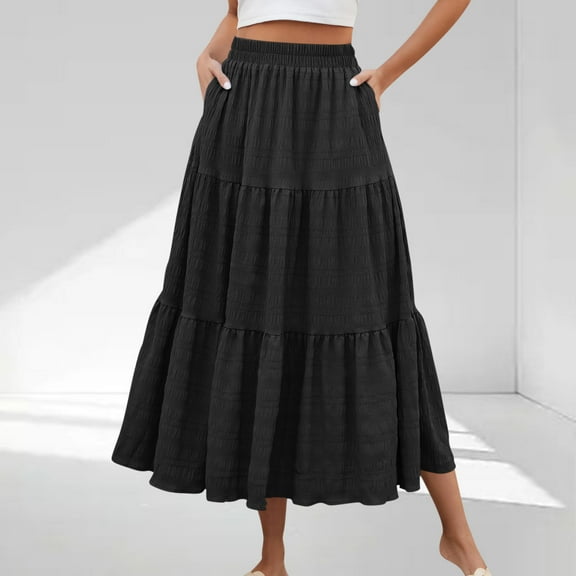 Skirts for Womem Summer Boho Flowy Swing Tiered Maxi Skirt Trendy Classys Elastic Waist Pleated A-Line Long Beach Dress with Pockets Black#summer skirts S