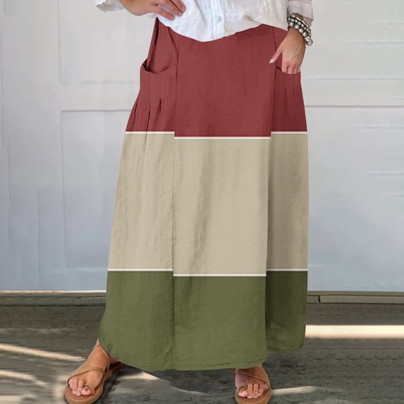 Skirts for Women 4-way Stretch Women's Printed Elastic Waistband Pleated Pocket Skirt With Mid Calf Skirt Summer Vacation Beach Fashion Casual Daily Wear