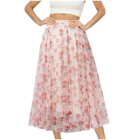 Skirts for Women Floral Embroidery Layered Tulle Mesh Skirt Maxi Party Summer Casual Swing Skirts Elegant Office Work Long Skirt High Waist A-Line Dress Skirt