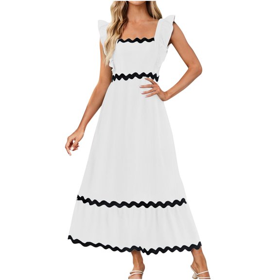 Skirts for Women Flutter Short Sleeve Square Neck Smocked Casual Loose High Waist Tiered Pleated Flowy Long Dressesmen Casual Round Neck Pullover Pocket Lace Patchwork Dress,White 2,XL