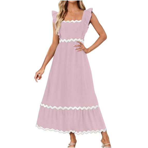 Skirts for Women Flutter Short Sleeve Square Neck Smocked Casual Loose High Waist Tiered Pleated Flowy Long Dressesmen Casual Round Neck Pullover Pocket Lace Patchwork Dress,Pink 2,S
