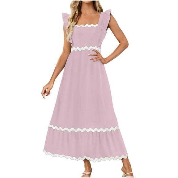 Skirts for Women Flutter Short Sleeve Square Neck Smocked Casual Loose High Waist Tiered Pleated Flowy Long Dressesmen Casual Round Neck Pullover Pocket Lace Patchwork Dress,Pink 2,XL