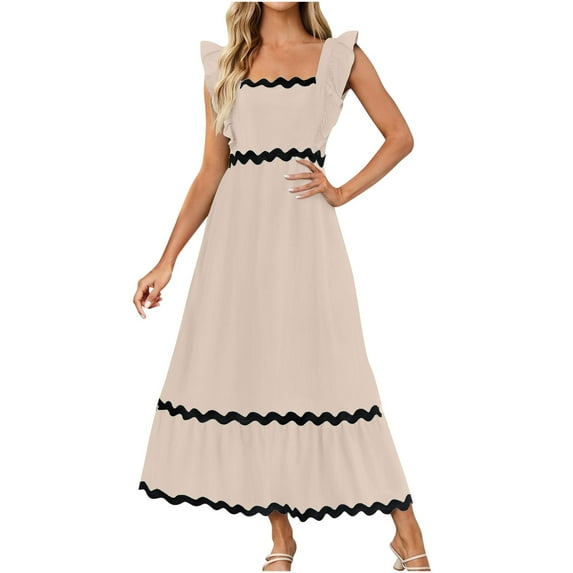 Skirts for Women Flutter Short Sleeve Square Neck Smocked Casual Loose High Waist Tiered Pleated Flowy Long Dressesmen Casual Round Neck Pullover Pocket Lace Patchwork Dress,Khaki 2,S