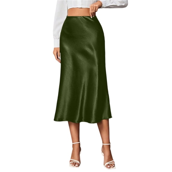 Skirts For Women Midi Length Elegant Satin Skirt High Waist Silky Fishtail Skirt Glossy Fake Silk Mid-Calf Skirt For Commute Party Outings Army Green S