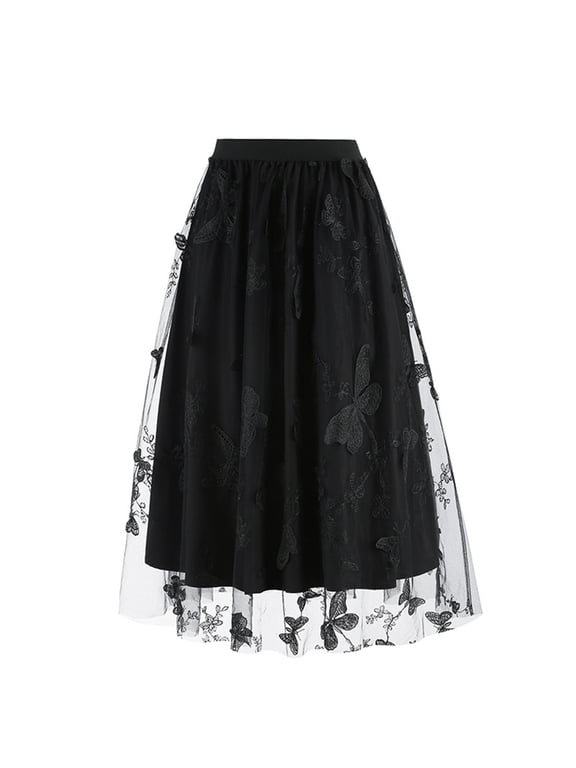 Skirts for Women Printing Mesh Women's Summer Retro Temperament Mesh Embroidery A-line Skirt Half Skirt Skirt Fitting Plus Size Daily Casual Retro Vintage A-Line Swing Hem Ruched Skirt