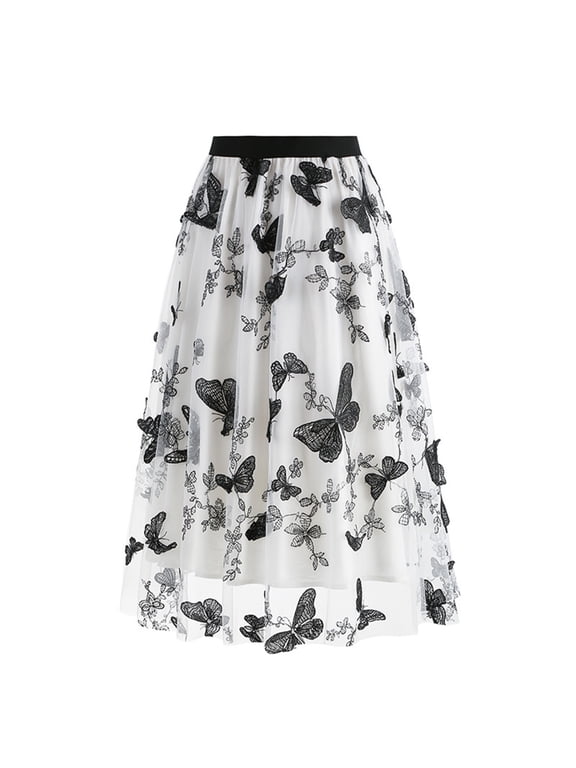 Skirts for Women Printing Mesh Women's Summer Retro Temperament Mesh Embroidery A-line Skirt Half Skirt Skirt Fitting Plus Size Daily Casual Retro Vintage A-Line Swing Hem Ruched Skirt