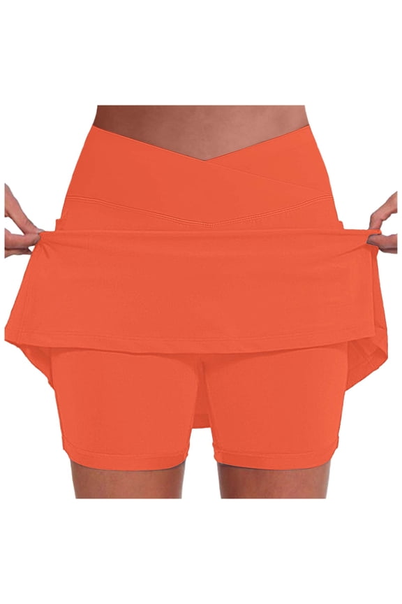Skirts for Women Products category Skirt Women's High Waist Pocket Athletic Skirted Leggings Two Piece Set V Neck Sports Fashion Workout Bottoms Orange XXL
