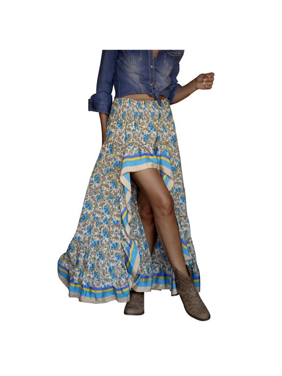 Skirts for Women Skirt Product Women Split Ruffle Boho Long High Side Print Floral Skirt Swing Low Distinctive Bohemian Style for Elegant Weekend Wear Blue L