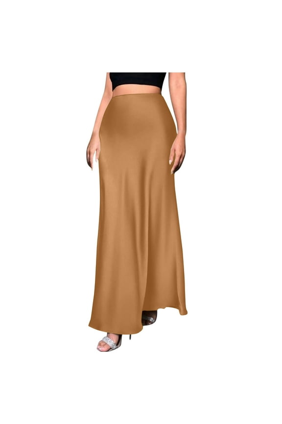 Skirts for Women Viikei High-waisted Skirt with Pockets,Womens Fashion Solid Color A Character Satin Fabric Invisible Zipper Half Length Skirt Brown M