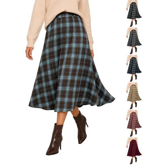 Skirts Zaewscy Women's Classic Plaid Elastic Waist A‑Line Midi Skirt, Casual Flowy Swing Mid‑Length Skirt Light Blue XL
