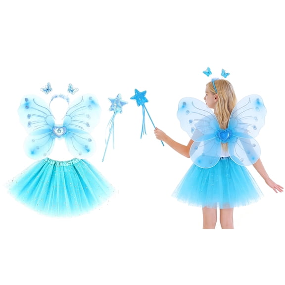 Skirts for Girls Layers Blue Tutu Sparkle Tulle Tutu Skirt with Wings and Hairband Elastic Waist Tulle Ballet Skirts Birthday Dress 3-10 Years