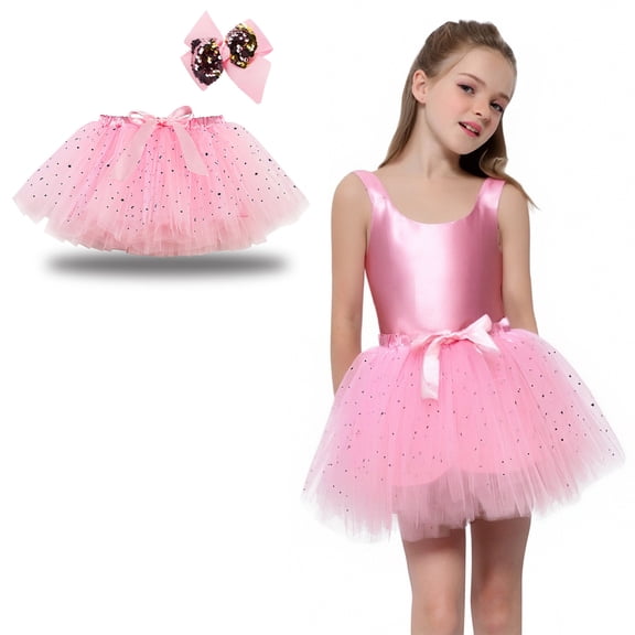 Skirts for Girls Layers Pink Tutu Sparkle Skirt with Bow Hair Clip Elastic Waist Ballet Tutu for Kids Girls Fairy Dress 5-8 Years