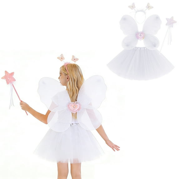 Skirts for Girls Layers White Tutuwith Wings and Hairband Elastic Waist Tulle Ballet Skirts Summer Princess Party Dress 3-10 Years