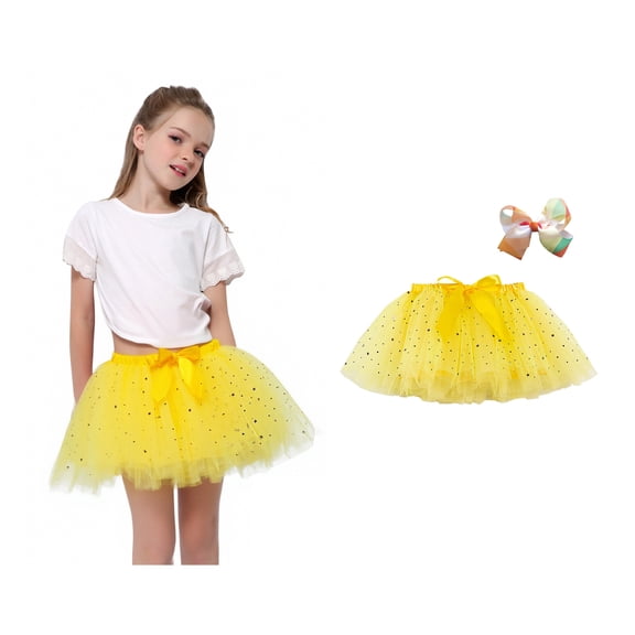 Skirts for Girls Layers Yellow Tutu Sparkle Tulle Skirt with Bow Hair Clip Elastic Waist Kids Ballet Skirt Thanksgiving Tutu 9-11 Years