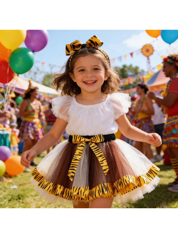 Skirts for Girls Leopard Print Tutu Mesh Bow Skirt with Headband 2 Piece Set Sleeveless Casual Girls Skirts Size 4-6Y