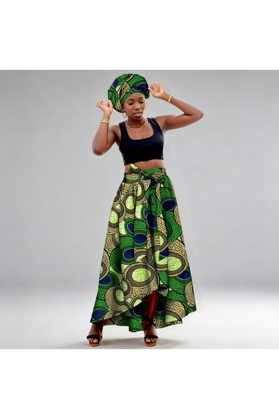 Skirts for Women Bohemia Printed A Line Maxi Skirt with Stretch Head Wrap Scarf Casual Comfortable Womens Long Skirts Green S