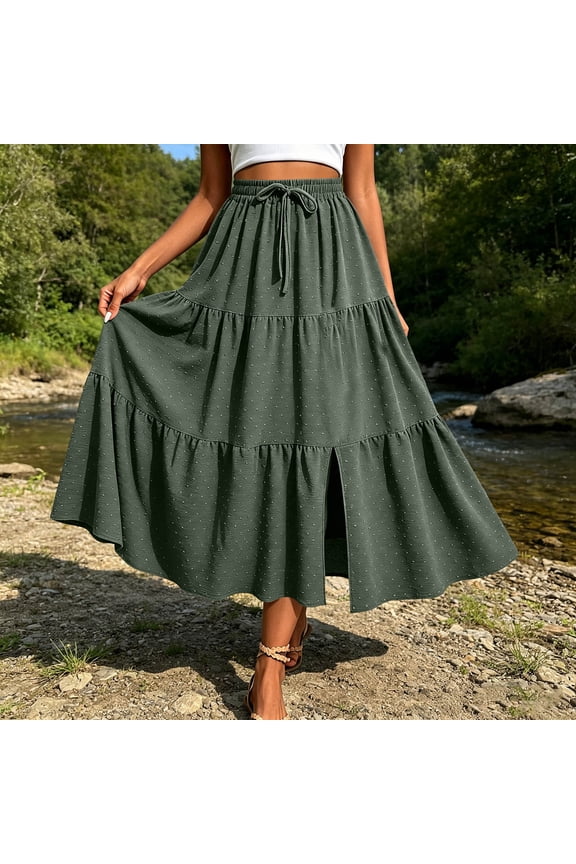 Skirts for Women Breathable Comfortable Summer Casual Elastic Waist Slit Solid Color Pleated Drawstring Pockets Women's Skirts