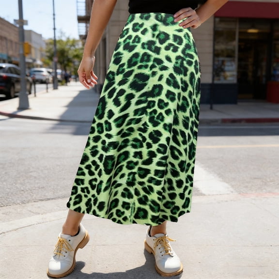 Skirts for Women Carnival Satin Floral Print Slit Long Elegant Stretchy High Waist A Line Midi With Side Pockets Womens Skirt Green M