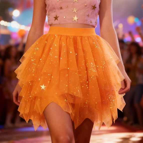 Skirts for Women Carnival Sequin Midi Skirt with Tiered Flare A-Line for Party and Evening Wear Glittering Gold Festive Fashion Statement Orange S