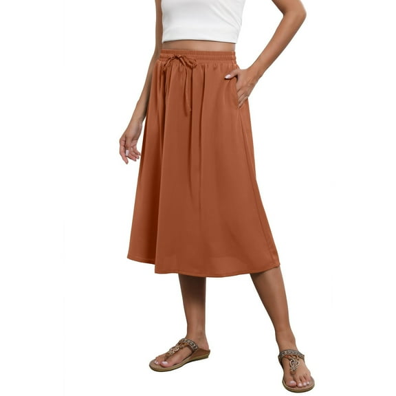 Skirts for Women Casual Solid Color Mid-Length Skirts Summer Elastic High Waist Loose Skirt Knee Length Skirts with Drawstring Side Pocket
