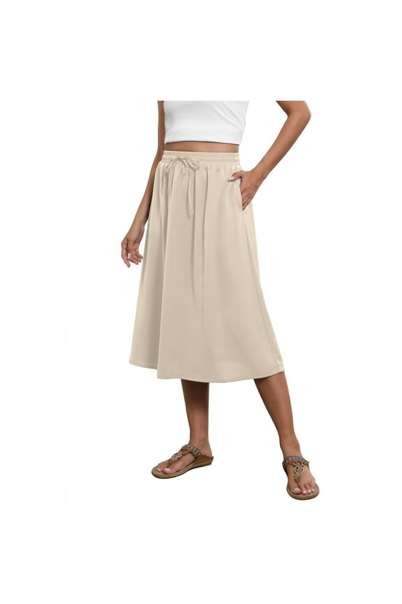 Skirts for Women Casual Solid Color Mid-Length Skirts Summer Elastic High Waist Loose Skirt Knee Length Skirts with Drawstring Side Pocket