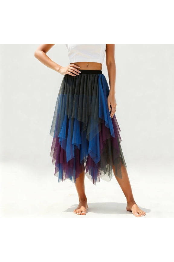 Skirts for Women Color Block Asymmetrical Mesh Skirt Elegant Tiered Layered High Waist A Line Party Womens Midi Skirt Dark Purple XXL
