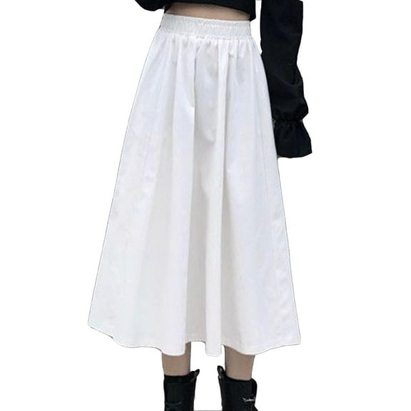 Skirts for Women Elastic High Waist Solid Casual Stretchy Flared Skater Skirt Basic A-Line Pleated Swing Midi Skirt