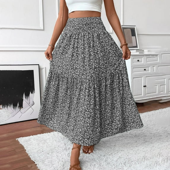 Skirts for Women Elastic Waist Casual Summer Solid Ankle Skirt Black S