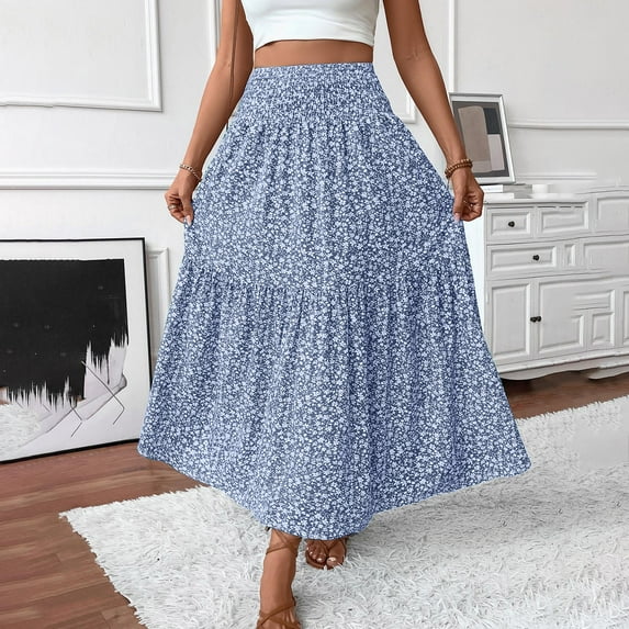 Skirts for Women Elastic Waist Casual Summer Solid Ankle Skirt Blue L