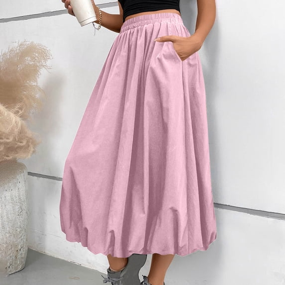 Skirts for Women Elastic Waist Casual Summer Solid Pocket Ankle Skirt Pink S