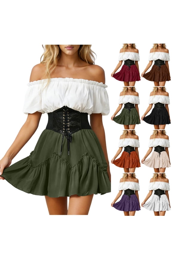 Skirts for Women Elastic Waist Drawstring Summer Casual Loose Solid Color Flared A-Line Mini Skirts