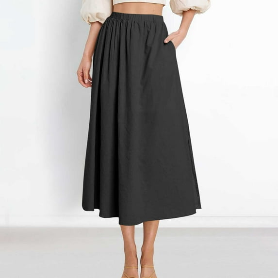 Skirts for Women Elastic Waist Pleated Solid Color A-Line Midi Skirt with Pockets Lightweight Summer Casual Daywear Versatile Skirt