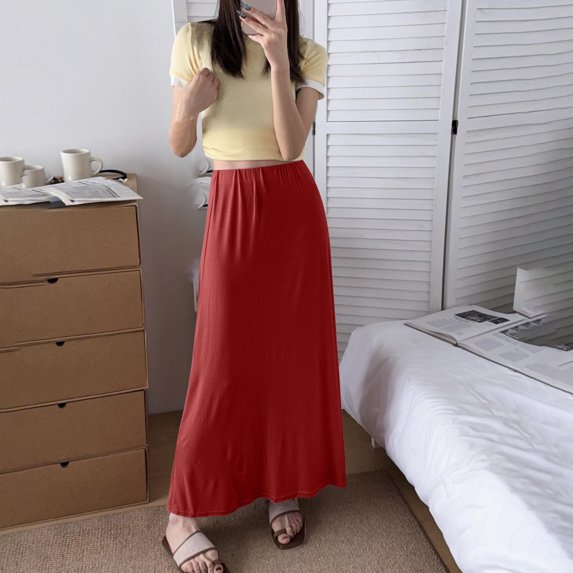 Skirts for Women Elastic Waist Solid Color Casual Ankle Skirt for Women Wine Free Size
