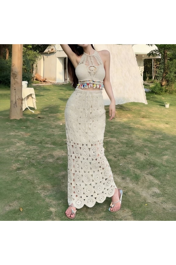 Skirts for Women Elegant Crochet Lace Midi Sheer Mesh Overlay Bohemian Flowy Line High Waist Beige Skirt One Size