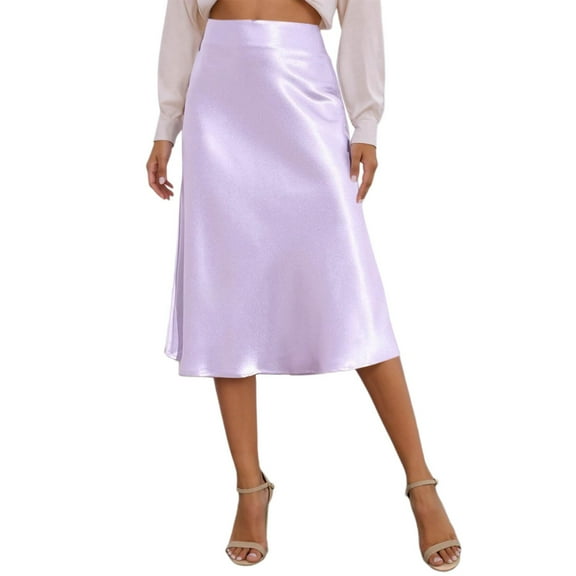 Skirts for Women Elegant Solid Color Midi Casual Stretchy High Waist Flowy Spring Summer Fall Outfit Purple Skirt XL