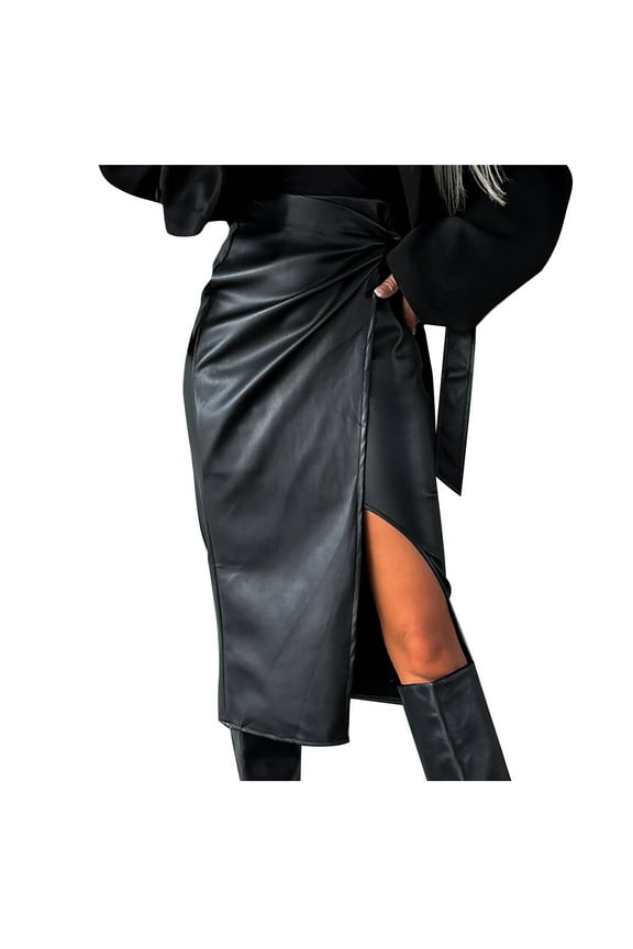 Skirts for Women Fashion Solid Color Casual High Waisted Slit Leather Skirt with Bandage Midi Skirts for Women