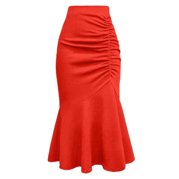 Skirts for Women Fishtail Waist Solid Color Hip Skirt for Women Red XL
