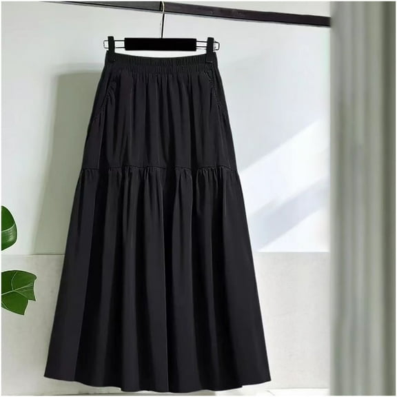 Skirts for Women High Waist Elastic Waist Skirt Mid-Length A-Line Skirt Black XXXXXL