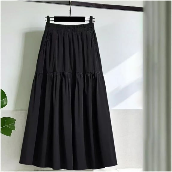 Skirts for Women High Waist Elastic Waist Skirt Mid-Length A-Line Skirt Black XXXXXL