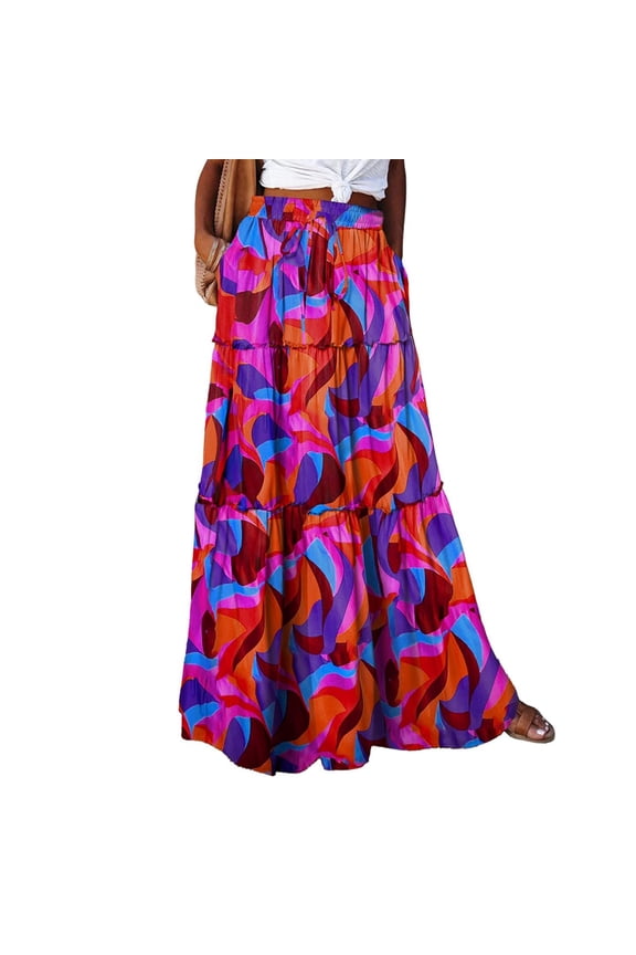 Skirts for Women, High Waist Tiered Patchwork Skirt, Drawstring Elastic Waist Flowy Boho Maxi Skirt Orange XL