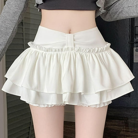 Skirts for Women Lace High Waist Pleated Casual A-line Skirt with Ruffled Edges Cake Skirt for Women White XXL